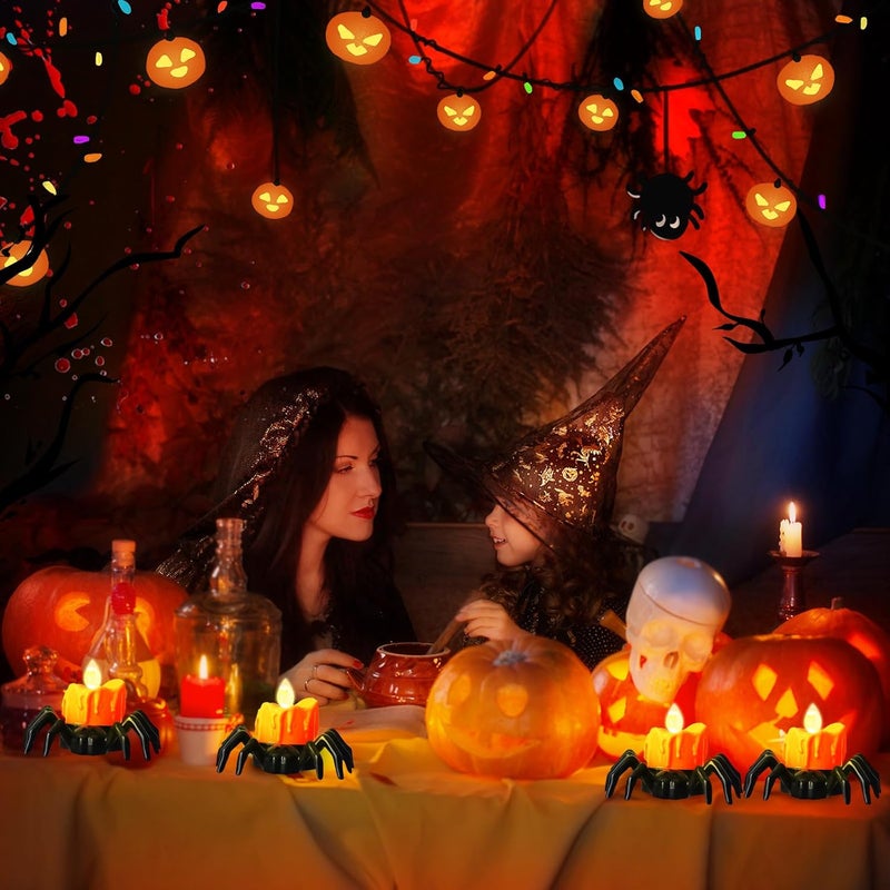 YBB 6 Pcs Halloween Spider Tea Lights, Novelty LED Flameless Spider Candle Holder Battery Operated Orange Tea Lamps for Halloween Party Table Home Spooky Decor - Image 5